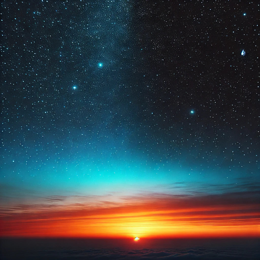 A vibrant sunset glows orange and red on the horizon beneath a dark, star-filled sky with visible constellations, creating a striking contrast between night and day—much like the remarkable results of exterior car care after using a quick detailer.