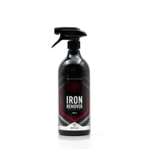 A black spray bottle labeled Iron Remover Scented with red and white text, designed for wheels, stands upright on a plain white background—a great complement to your car interior cleaners and detailing interior essentials.