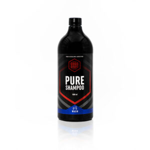 A black bottle labeled Good Stuff Pure Shampoo with red and white text, containing 1000 ml, stands upright on a white background. The pH-neutral label also features a blue section with a handwash icon, making it ideal as car wash soap.