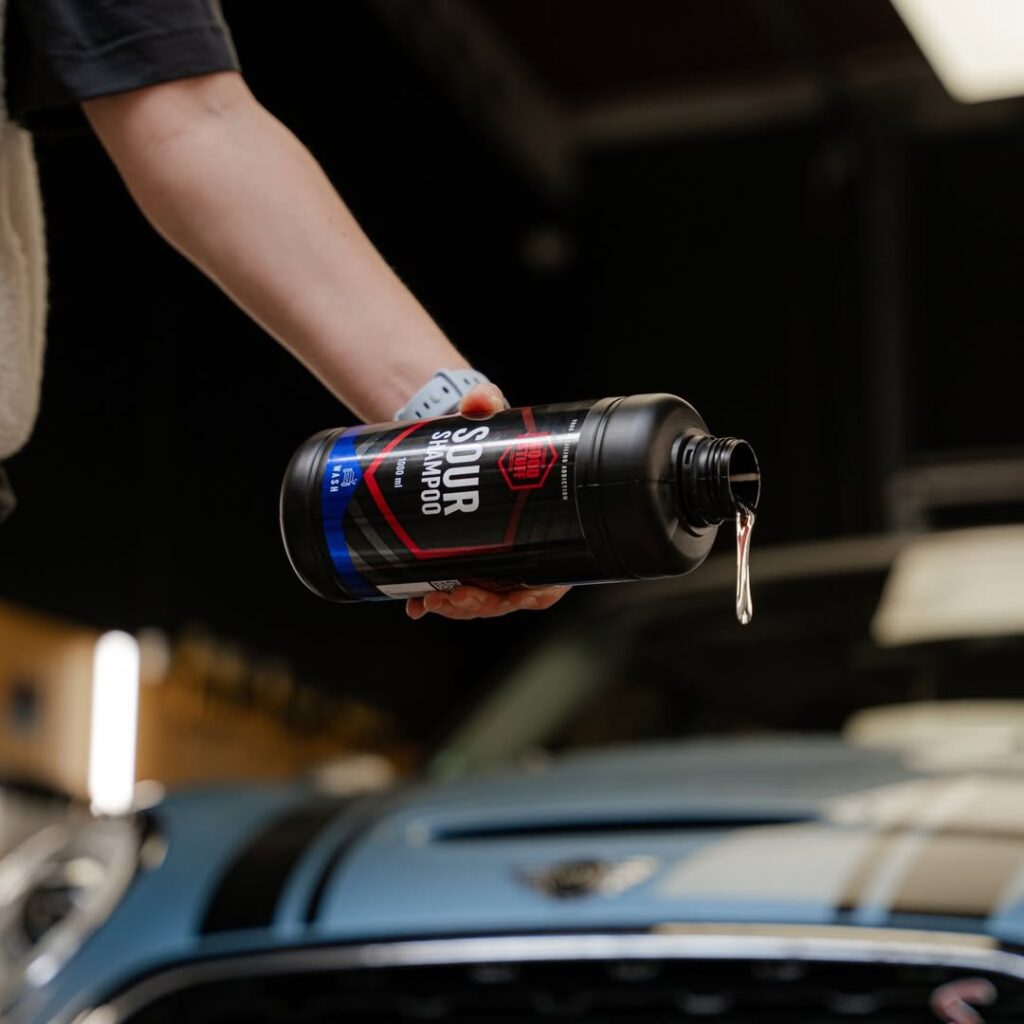A person pours Good Stuff Sour Shampoo, a streak-free cleaner, from a black bottle over the hood of a blue car inside a garage.