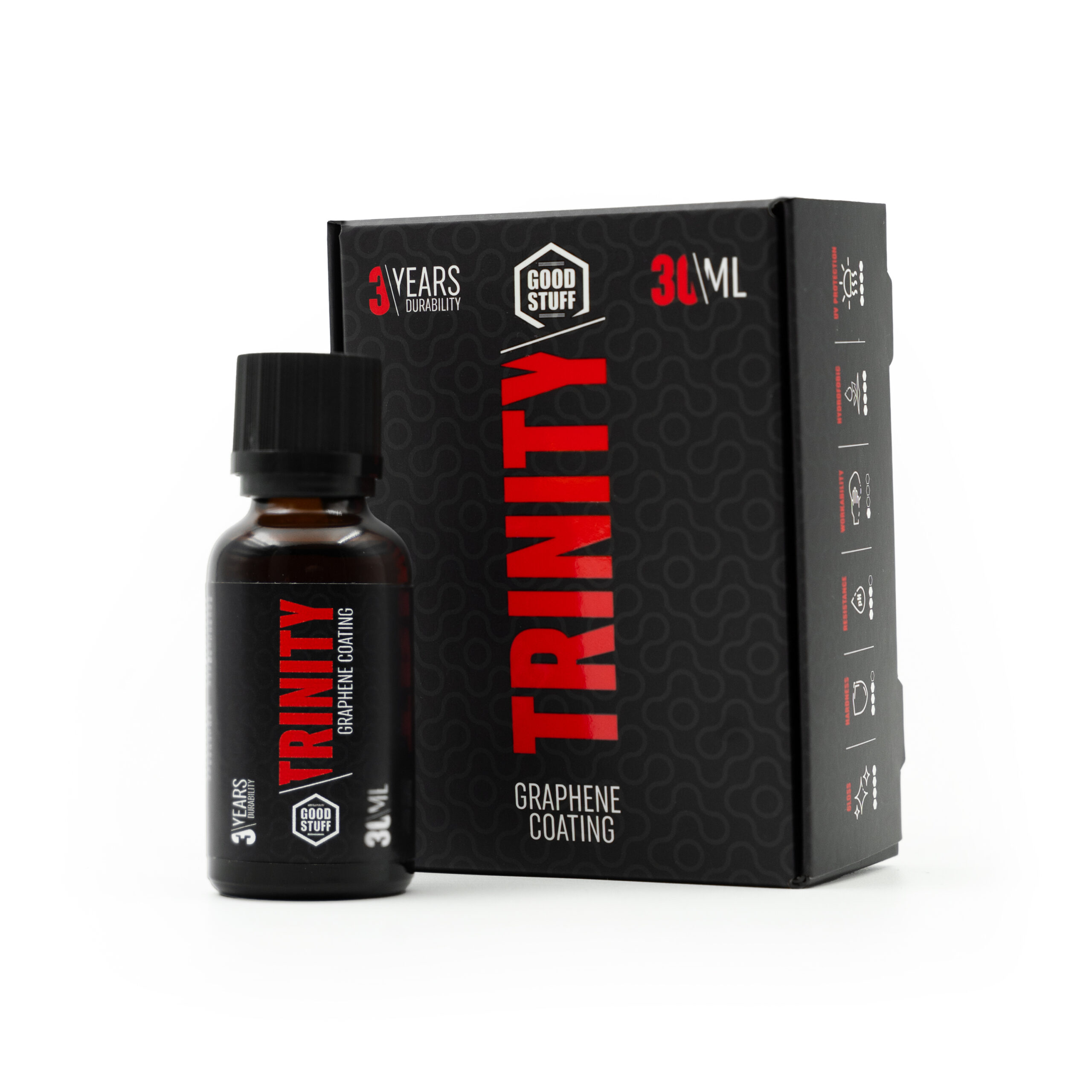 A 30ml bottle labeled TRINITY Graphene Coating stands in front of its black, red, and gray retail box that reads 3 Years Durability and Good Stuff with product details visible on the side.