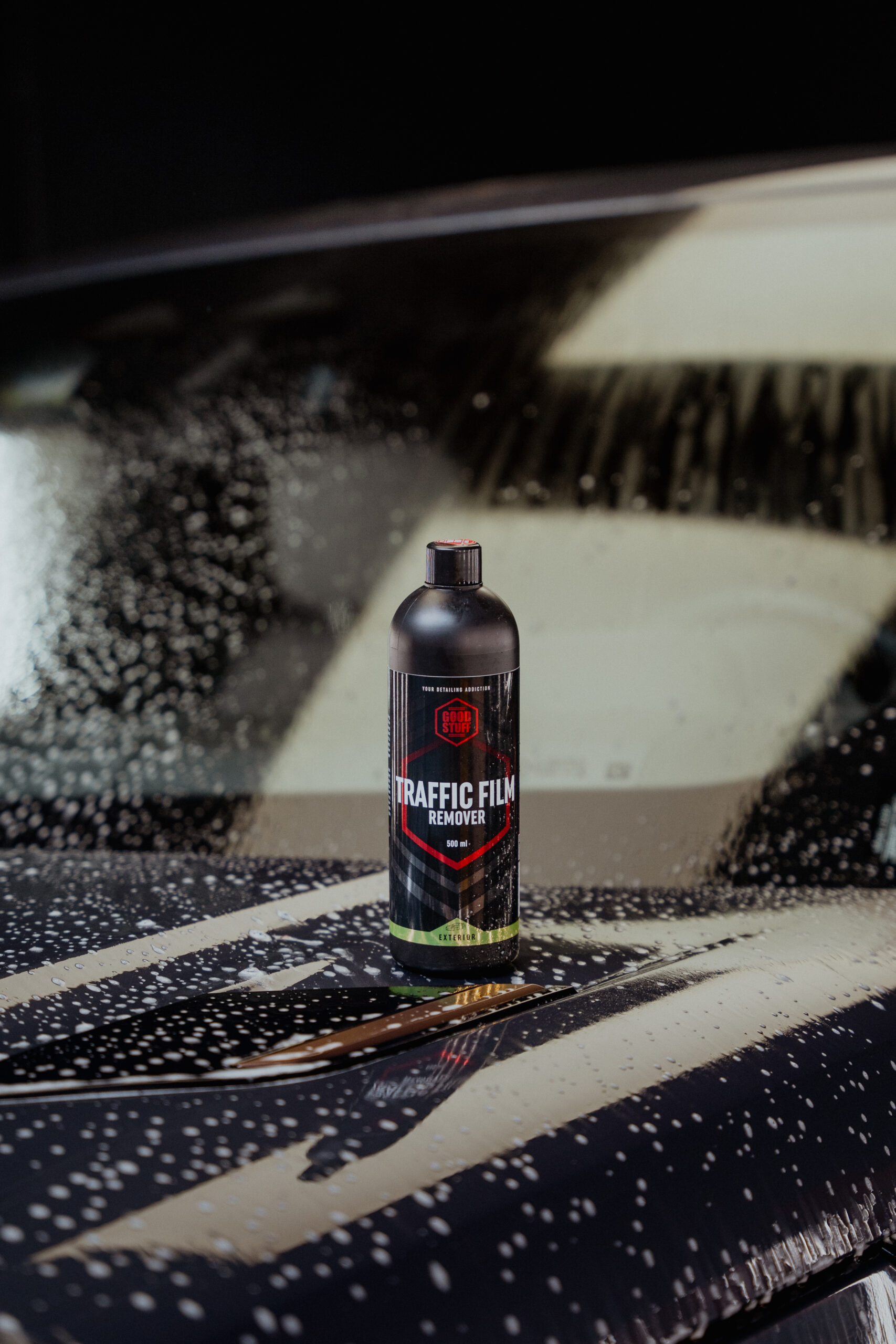 Good Stuff Traffic Film Remover in a real car detailing environment