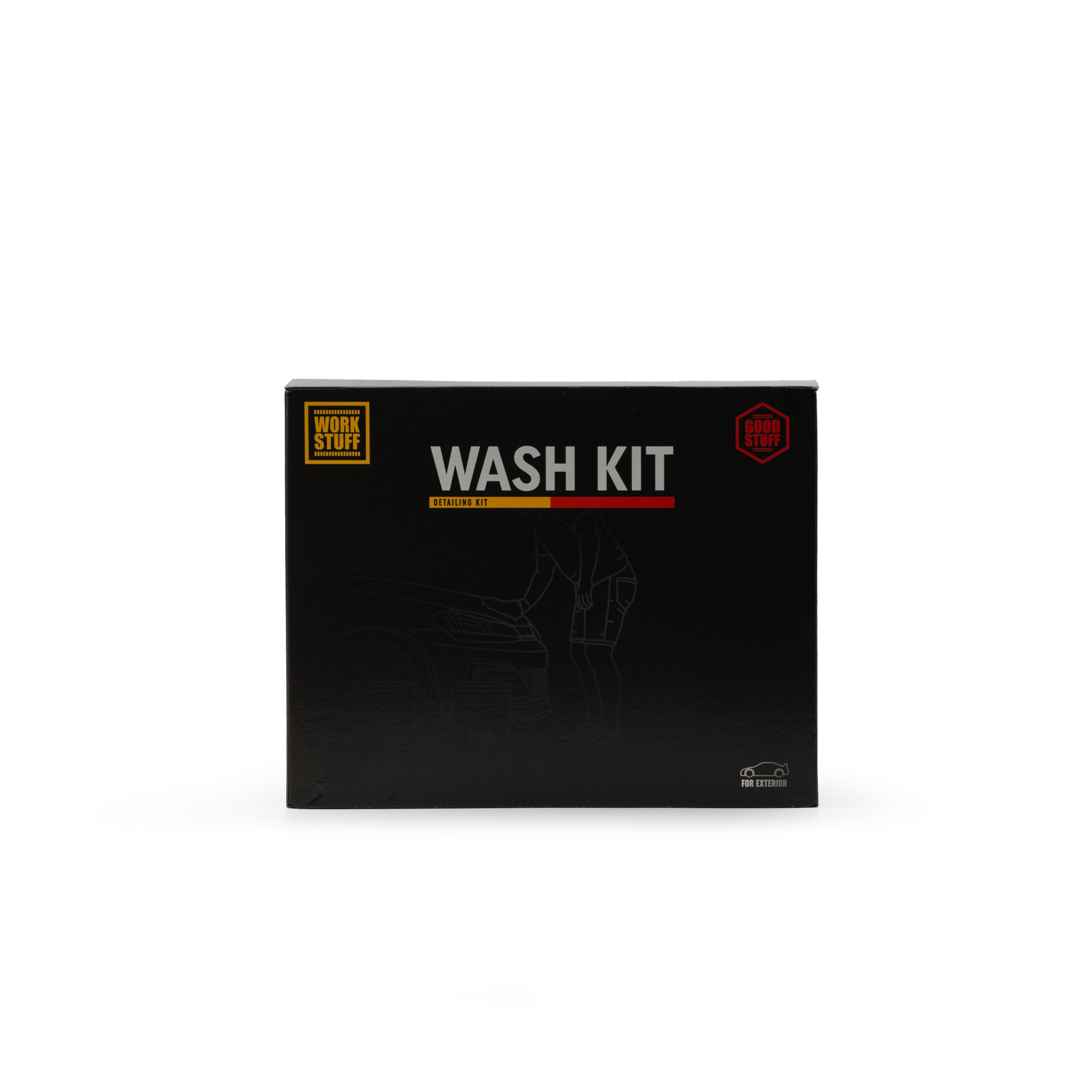 A black rectangular box labeled Work Stuff Wash Kit with gold and red accents, featuring a faint outline of a car and a person washing it on the front. The box is photographed against a white background.