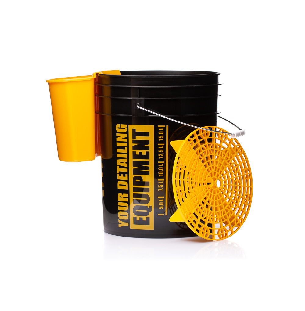 A black detailing bucket with yellow text reading Your Detailing Equipment, featuring a yellow grit guard, a metal handle, and a yellow side caddy—perfect for helping remove salt residue and protect your car from road salt damage. Set against a white background.