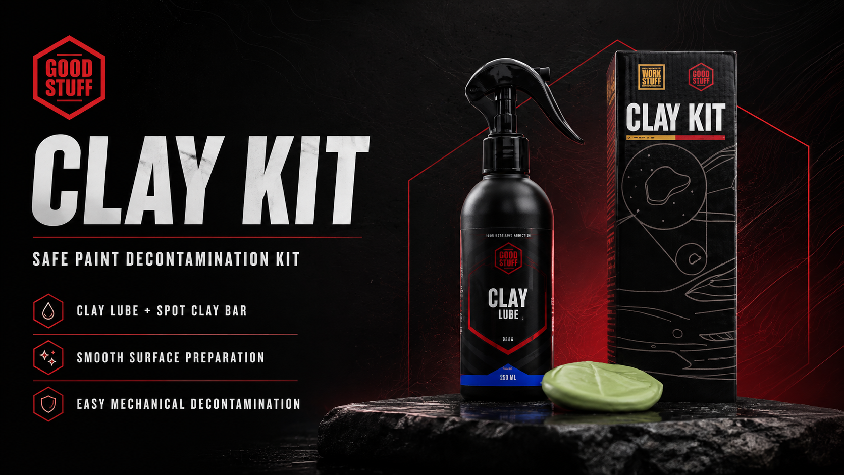 Good Stuff Clay Kit mit Clay Lube und Spot Clay Bar — sicheres Set zur Lackdekontamination