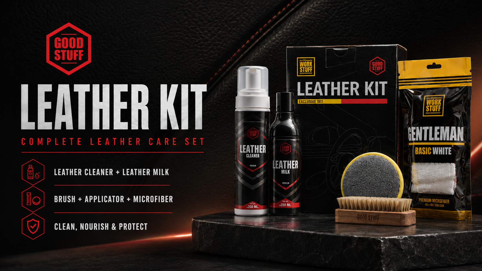 Good Stuff Leather Kit mit Leather Cleaner, Leather Milk und Work Stuff Tools — komplettes Set zur Lederpflege